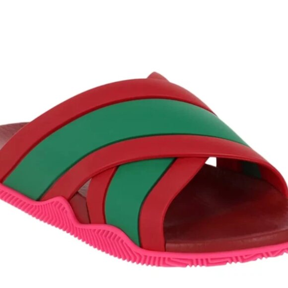 GUCCI 627820 Web Stripe Slide Sandal Coral Pink Green Red Women’s - Picture 4 of 5